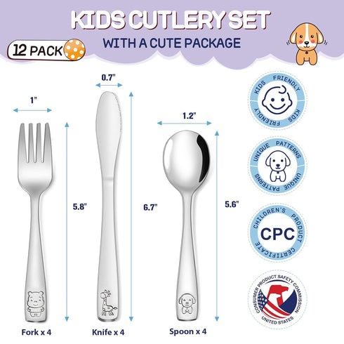 VITEVER 12-Piece Toddler Utensils, Stainless Steel Kids Silverware Set, Children Safe Forks, Spoons and Knives - Mirror Polished, Dishwasher Safe by VITEVER