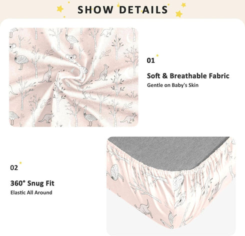 miaozhen 1 Pack 52x28 Cotton Baby Crib Sheets for Boys Girls Soft Comfy Animal Kangaroo Rustic Woods Pattern Pink