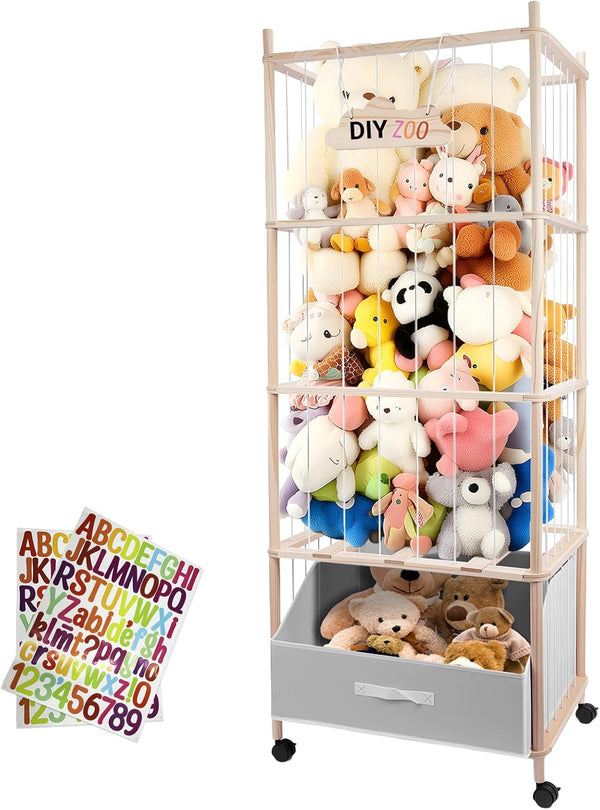 Stuffed Animal Storage, 64" Super Large Plush Toy Organizer with Wheels, Wooden