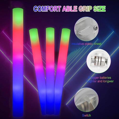 100 + 2 Pack Foam Glow Sticks Bulk Party Pack, Light Up Foam Sticks for Raves, Camping, Wedding, 3 Flashing Modes