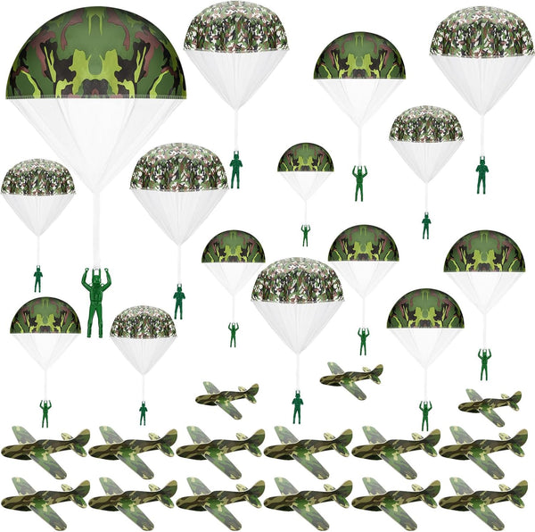Jerify 30 Pcs Parachute Toys and Camouflage Foam Airplanes Set, Parachute Army