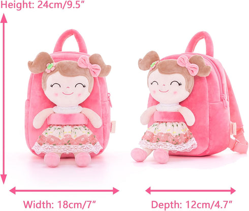 Gloveleya Toddler Backpack - Baby Girl Gift Plush Diaper Bag with Spring Girl Doll, Pink 9 Inches