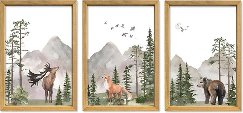 YWJKWLGS Woodland Animal Nursery Wall Art Set of 3, 11x16 Inch Natural Wood