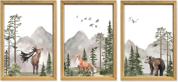YWJKWLGS Woodland Animal Nursery Wall Art Set of 3, 11x16 Inch Natural Wood