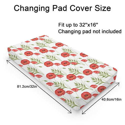 Boho Retro Poppy Flowers Leaves Changing Pad Covers for Boy Girl 32''x16'' Red Poppy Floral Spring Blossom Fitted Diaper Change Table Cover Wild Plants Soft Breathable Changing Table Sheets Mats