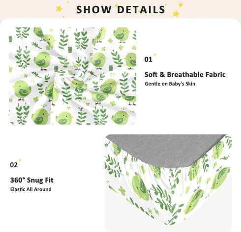 miaozhen 1 Pack 52x28 Cotton Baby Crib Sheets for Boys Girls Soft Comfy Emerald Green Cute Playful Bird Toddler Bed