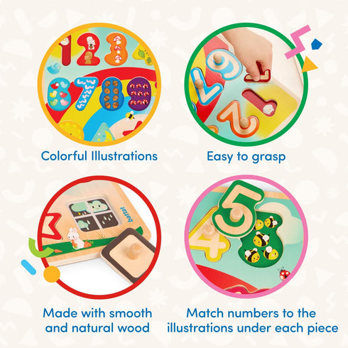 Battat - Wooden Number & Shapes Puzzle - Educational Toy for Kids, 2 Years +