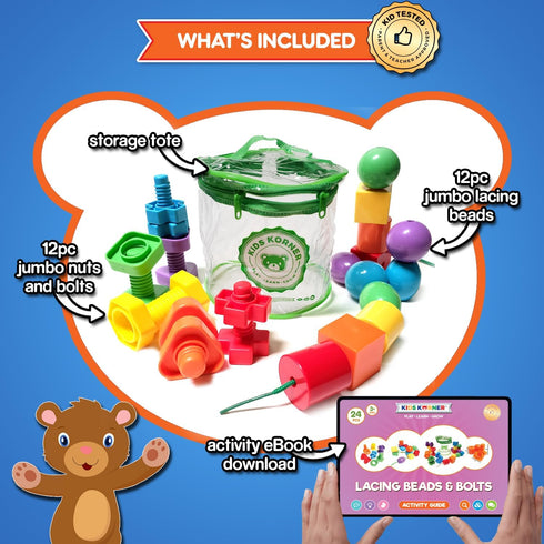 Set 2-in-1 12 12 Jumbo Beads & Bolts Game - Fine Motor Matching Educational Stringing & Twisting Toys for Toddlers
