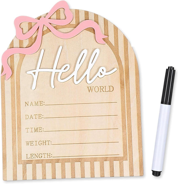 QFGasre Wooden Hello Worlds Newborn Signs 6.9 Inch Baby Announcement Sign 3D Pink