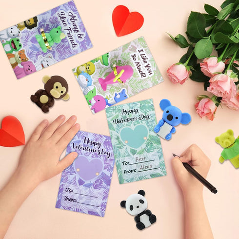 36 Pack Valentines Cards for Kids Classroom - Valentine's Greeting Cards with Cartoon Animal Erasers