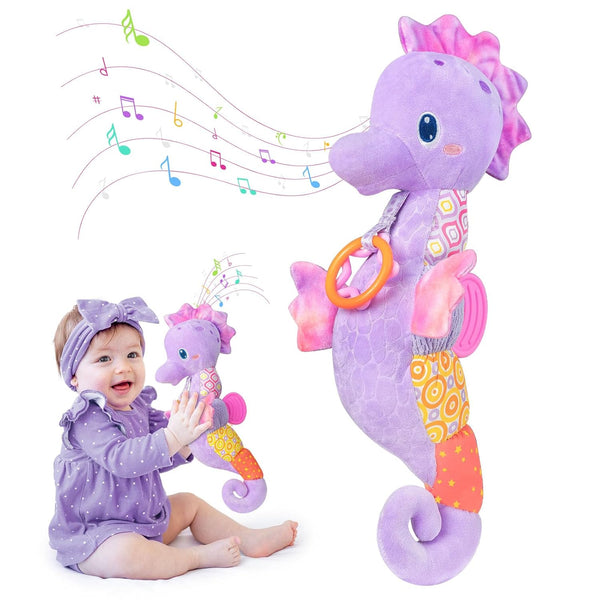 Baby Toys 0-6 Months, Infant Musical Seahorse Stuffed Animals Sensory Toys with Bright Colors, Rattles & Crinkle Sound