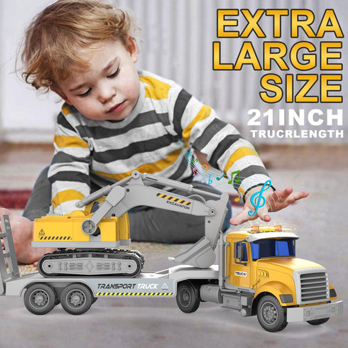 DOWELLIN 22" Transports Trucks Kids Toys, Large Semi Truck Toy Carrier and Excavator Truck with Sound&Light,Friction