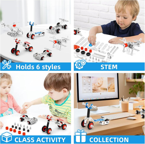 Cars & Airplane Metal Model Set - 231 PCS Building Kit Model, 6 Models Metal STEM Project Building Toys for Ages 8-12