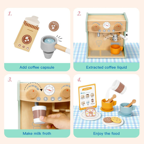 2-in-1 Toy Coffee Maker, Kids Wooden Coffee Maker Playset with 28 Pcs Play Kitchen Accessories for Girls & Boys