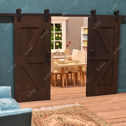 1/12 iLAND Scale Accessories of Dollhouse Door Miniature Wooden Barn Doors w/Sliding Rods for Dollhouse Dcor Doll House