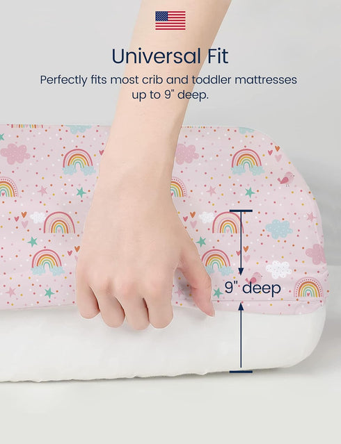 9'' Pocket-2 Pack TotAha Pink Rainbow Crib Sheets Girl - Hypoallergenic, Silky Comfort, Buttery Soft, Calming Effect