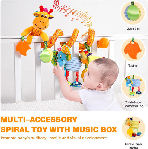 Jollybaby Baby Car Seat Stroller Crib Toys, Plush Hanging Spiral Activity Pram Crib Toy with Music Box, Rattles, Squeaker for Babies Infant Boys Girls Gifts (Giraffe)
