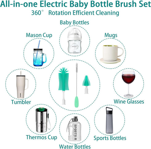 Electric Bottle Brush Cleaner, Portable Rechargeable Baby Bottle Cleaner Kit for Travel with Silicone Nipple & Straw
