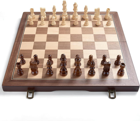 15'' Set Package, Set AMEROUS Magnetic Wooden Chess for Adults Kids - with Folding Board, Gift Pieces Storage Slots