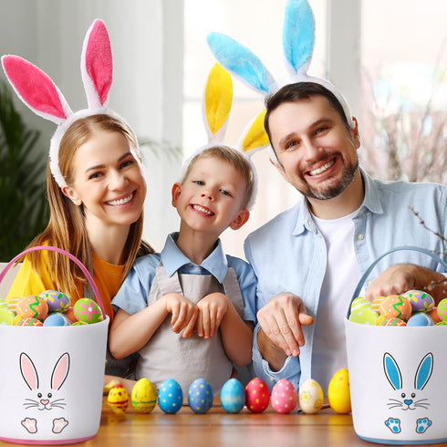 12 Set Domensi Pcs Easter Basket for Kids Canvas Easter Baskets with Handles and Plush Bunny Ear Headbands, Reusable