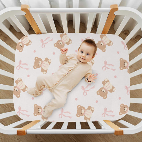 KICPOAY 39 27 Fitted Crib Sheets Animal Bear Pink Ribbon Bow Stretchy Portable Playard Sheets for Baby Toddler