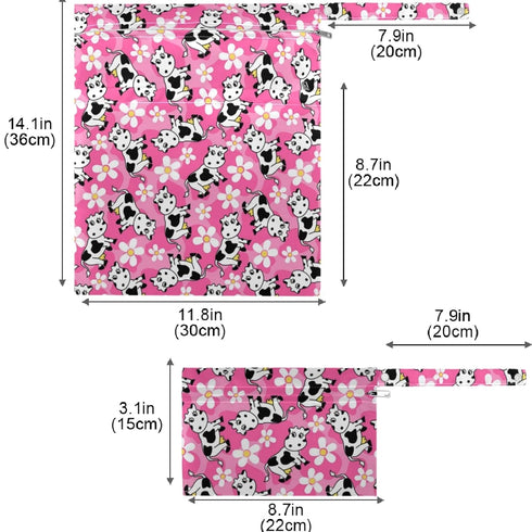 visesunny 2Pcs 2 Cute Cow Flower Wet Bag with Zippered Pockets Snap Handle Washable Reusable Roomy
