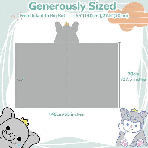 (0-5 HECCEI Toddler Hooded Bath Towel Large Plush Baby Bath Wrap Adorable Grey Elephant Design Ultra Soft Absorbent