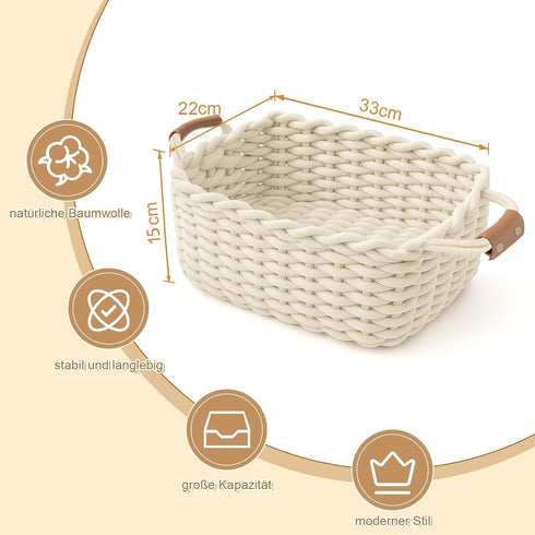 L13'' W8.7'' H5.9'') XXL Cotton Rope Storage Basket with Leather Handles, Woven Nursery Organizer for Diapers, Wipes