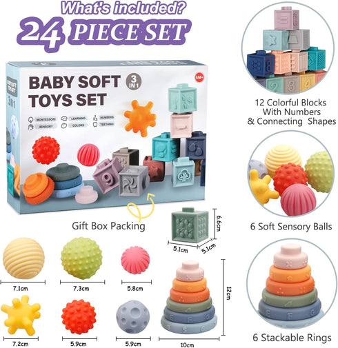 Montessori Toys for Babies, Soft Stacking Building Blocks, Rings, Balls Sets, 3 in 1 Baby Toys Bundle for 6-12 Months,