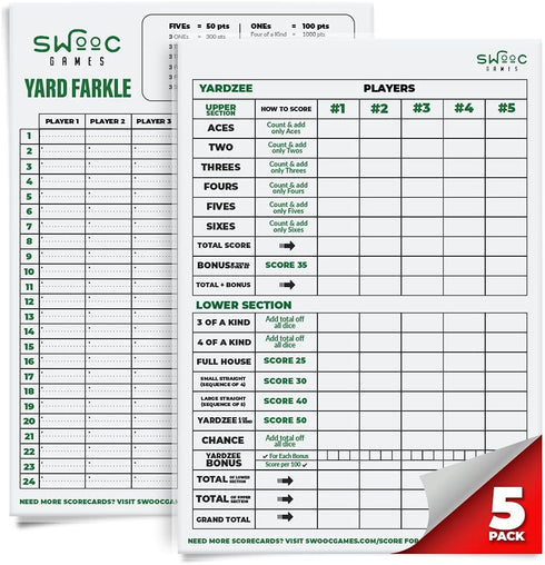 SWOOC Games - 5 Big Laminated Yardzee & Farkle Score Cards with Rules - Jumbo Score Sheet for Outdoor Dice Games