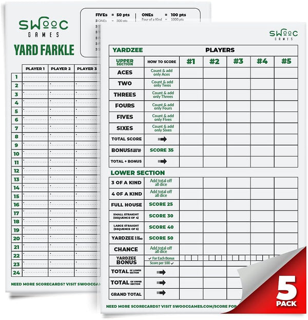 SWOOC Games - 5 Big Laminated Yardzee & Farkle Score Cards with Rules - Jumbo Score Sheet for Outdoor Dice Games