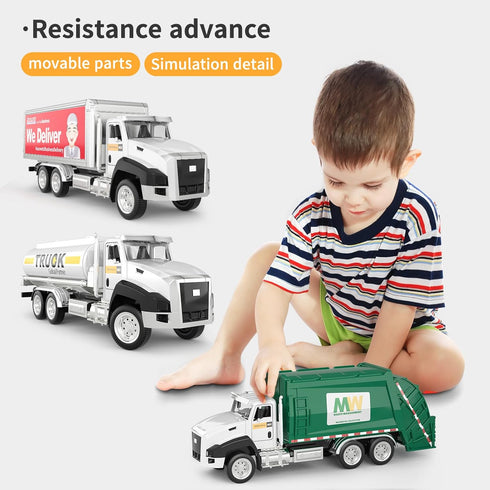 TEMI 3 Pack of Diecast City Transport Vehicles - Garbage, Tanker, Express Delivery, 1/50 Scale Metal Models with