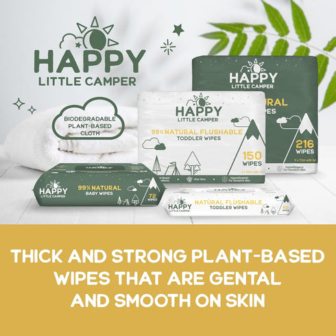 50 Count Happy Little Camper Natural Flushable Wipes - Hypoallergenic & Chlorine-Free Wet Wipes with Aloe Vera