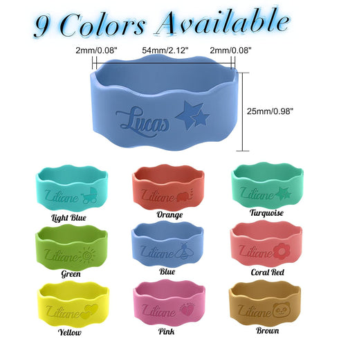 MOUZYLCASE Personalized Water Bottle Name Bands Custom Engraved Silicone Labels Customized Silicone Baby Bottle Labels