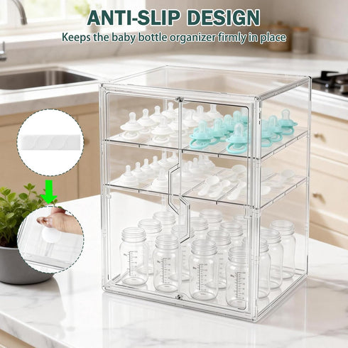 RISICULIS 3-Tier Countertop 2 Baby Bottle Organizer, Bottle Storage for with Double Magnetic Doors, Clear Plastic