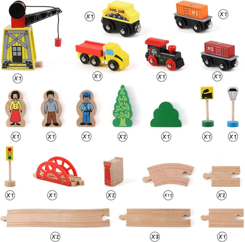 Set 39 5 3,4,5 Set Qilay Wooden Train for Toddler - Pcs Wood Train Tracks with Crane, Bridge & Wooden Trains - Train