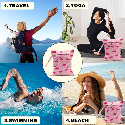 CQM 12x10 Inch, Seamless Pink Flamingo Wet Bags Flamingos Pattern Waterproof Travel Laundry Bags, Reusable Wet Dry Bag