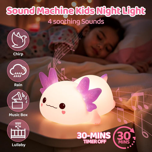 4 Dimmable Mewaii Huggwaii Squishy Axolotl Night Light for Kids, Soothing White Noise Sounds, Silicone Axolotl Lamp