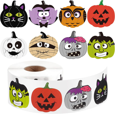 Censen 600 Pieces Halloween Stickers - 1.5 Inch Pumpkin Character Roll Stickers, 8 Designs for Kids Party Decoration