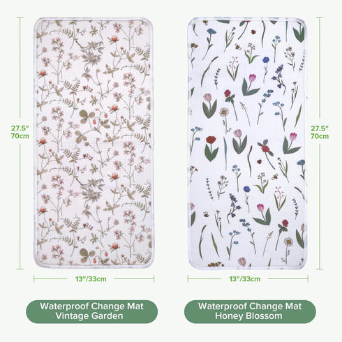 haakaa 100% (2pcs, 13" 27.5" Waterproof Changing Pad Liners, Cotton, Soft & Breathable x Honey Blossom+Vintage Garden)