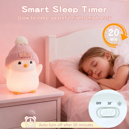 Rechargeable/Dimmable/Timer,LED FAMIDUO Penguin Night Light, Cute Pink Penguin Lamp with Knit Hat, Soft Silicone