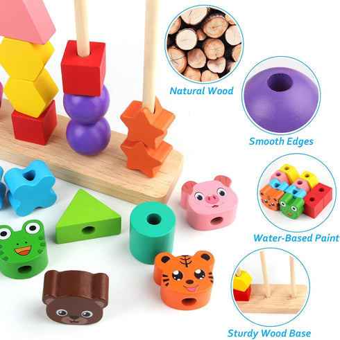Animal Baby Toys for Boys Girls - Cute Wooden Bead Sequencing Set with Rabbit, Bear, Tiger, Pig, Frog for Early Learning