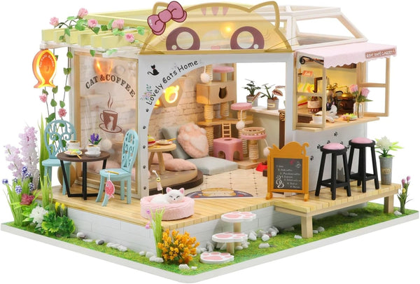 DIY Miniature House Kit for Adults, 3D Wooden Mini Dollhouse Kit, Lovely Cats Coffee Garden Home Decor Gift
