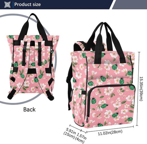 SUABO Backpack White Flowers Green Ladybugs Pattern Baby Diaper Bag Large Bag Waterproof Travel Diaper Bags for Moms