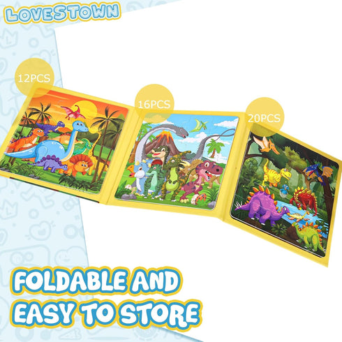 LovesTown Magnetic Travel Puzzles Book - Dinosaur Wooden Magnetic Puzzles for Toddlers Learning