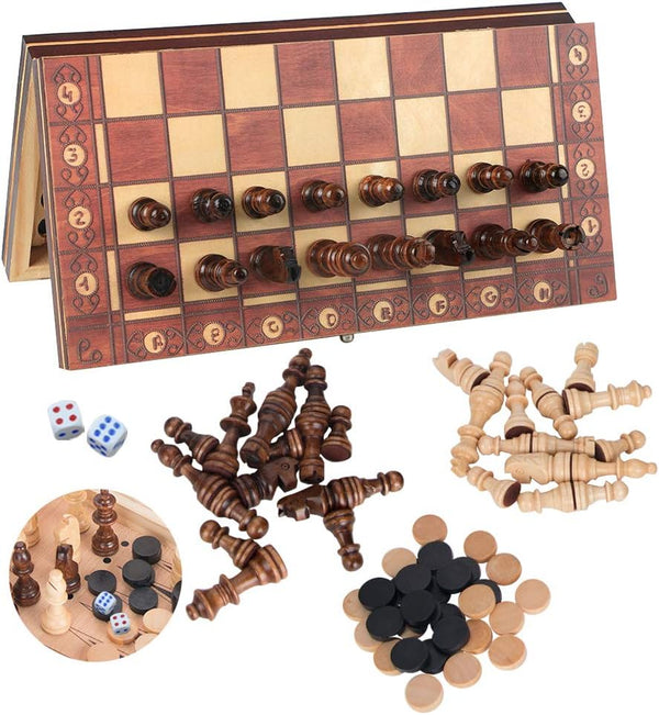 3-in-1 Chess Backgammon Checkers Set - 11 inch Wooden Board Game with Folding Carrying Case for Travel