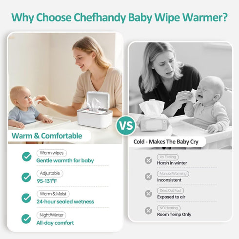 3-Level Chefhandy Baby Wipe Warmer, Temperature Control, Silent & Even Heating, Large Capacity Wipes Dispenser