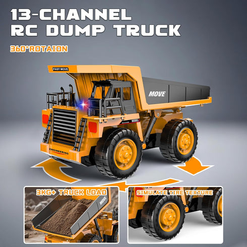 13-Channel 2.4GHz 3+ Remote Control Dump Truck Toy, Rc Construction Vehicles with Metal Bed & Light, RC Truck for Kids