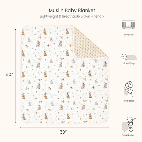 30"x40"(Bunny) lulumoon Baby Blankets for Newborn Unisex: Thermal Minky Dotted Backing with Bunny Print - Muslin