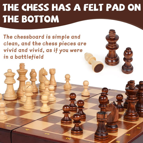 Set 15-Inch Set 2 Wooden Magnetic Chess Foldable Wooden Chess Board with Magnetic Pieces, Portable Travel Chess